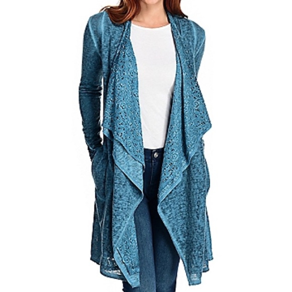 Teal Blue Knit Lace Trim Drape Front Cardigan